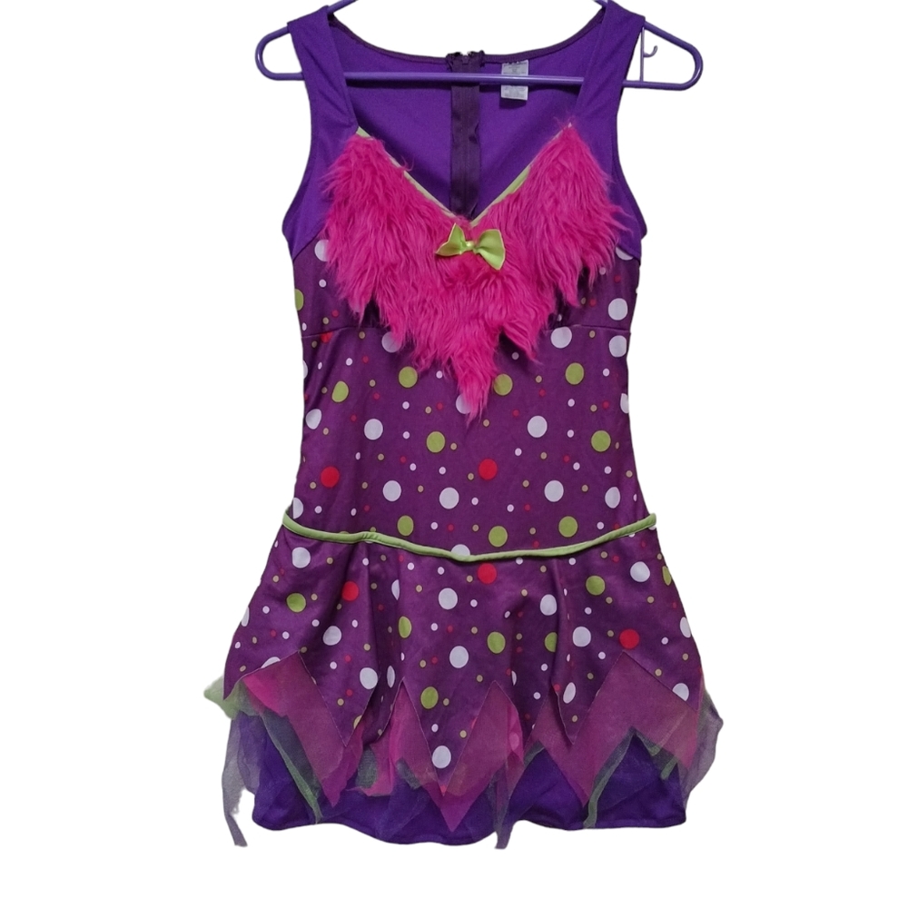 Girls Halloween costume dress. Frilly purple dress w/pink fur & green bow tie. S